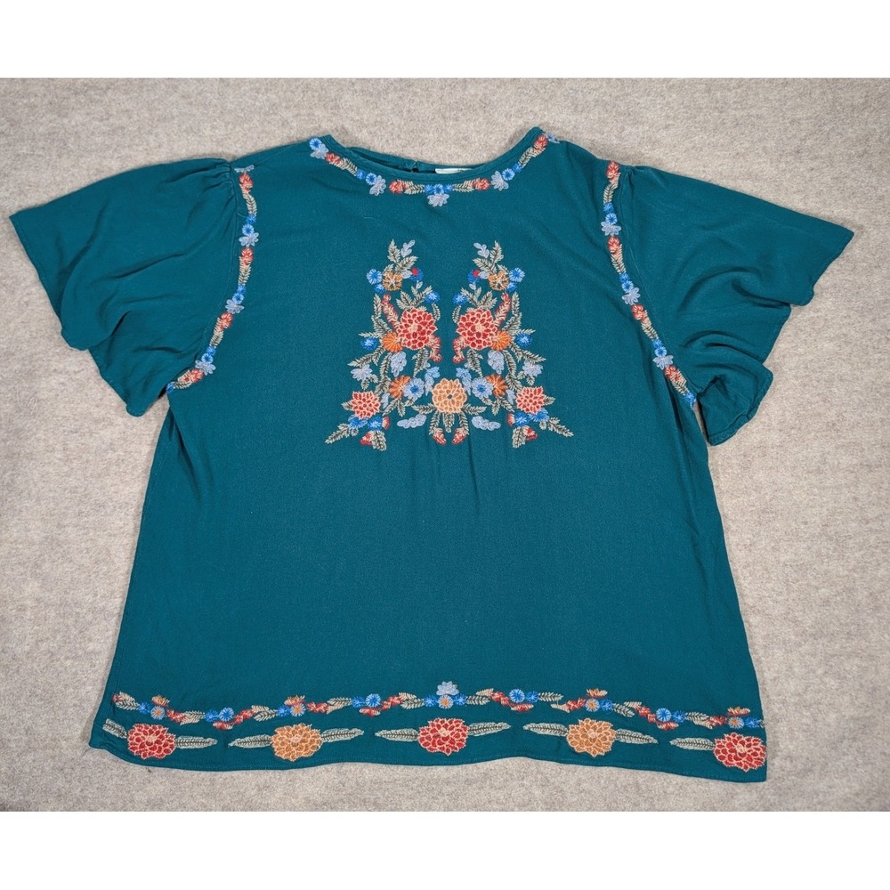 Entro Teal Green Floral Embroidered Flutter Sleeve Blouse Top Plus Size 1X Boho